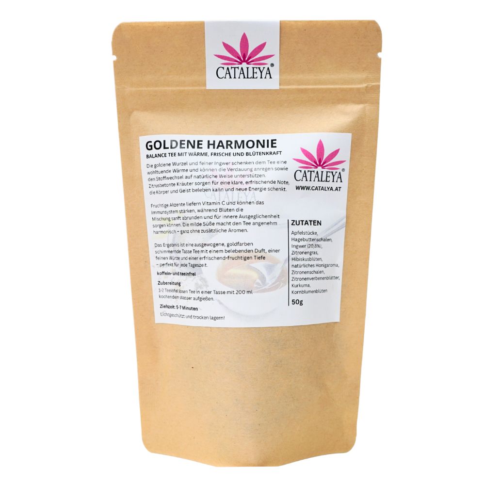 Verpackung 'GOLDENE HARMONIE' mit Logo. Zutatenliste und Text. Braune Papierverpackung mit weißem Etikett.