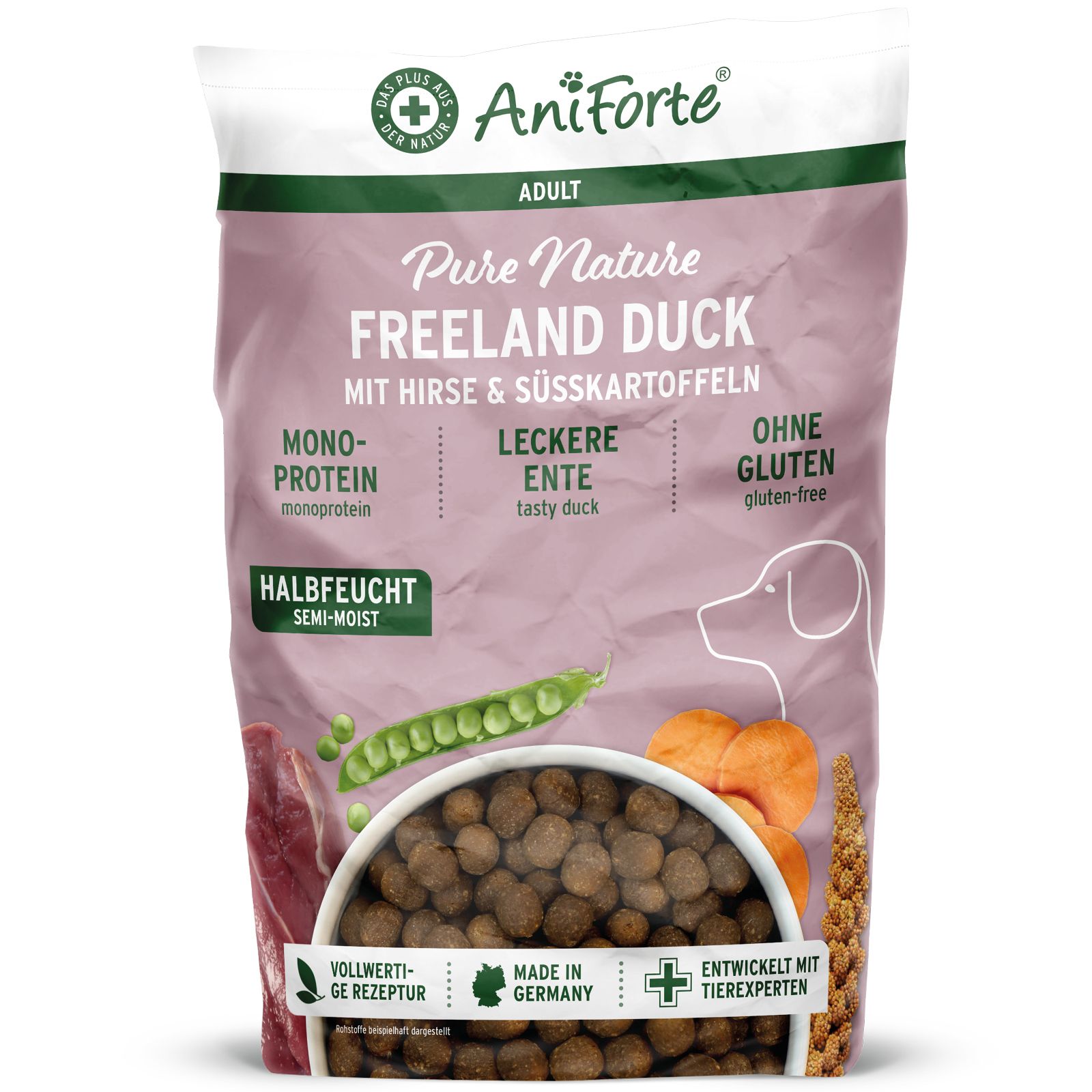 Beutel mit Trockenfutter. Aufschrift: Freeland Duck, Ente mit Hirse & Süßkartoffeln. Logo: AniForte. Enthält Mono-Protein, ohne Gluten.