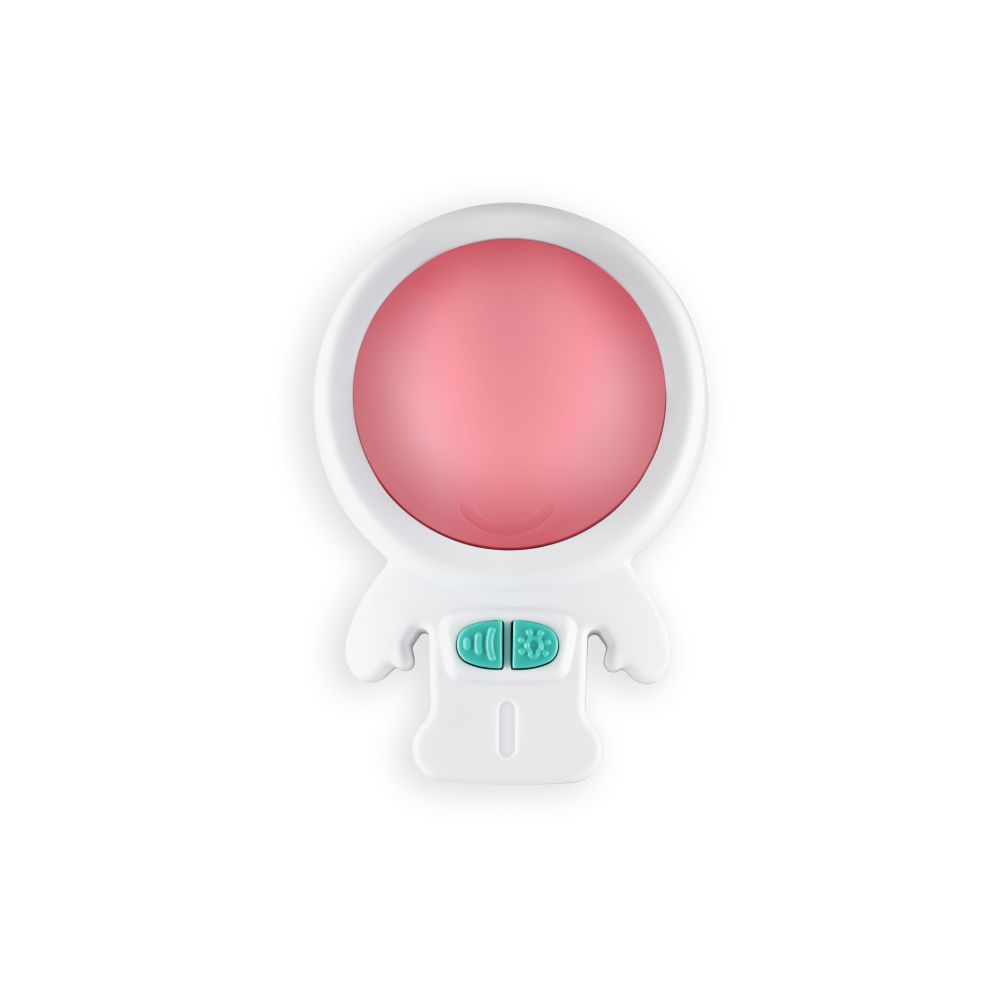 Astronautenförmiges Nachtlicht mit rosa Licht. Weiß, grau, grüne Knöpfe. Runde Lichtfläche.