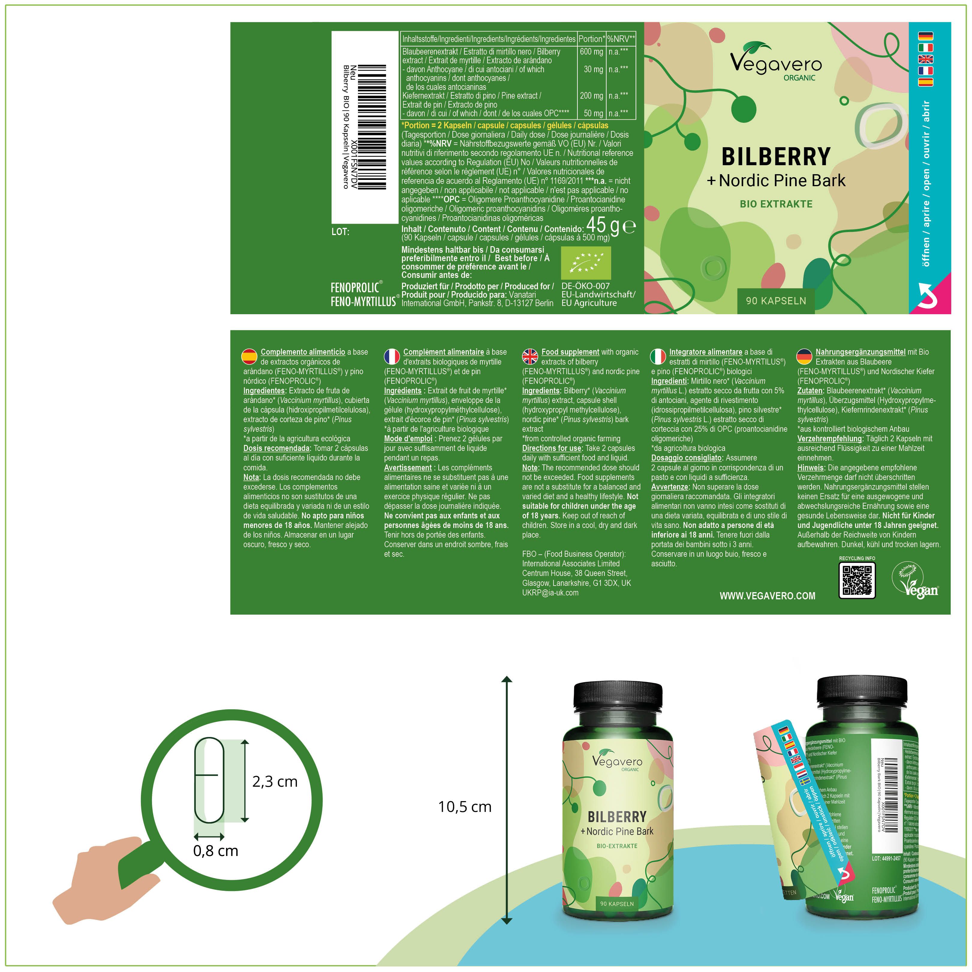 Produktverpackung mit Etikett. Enthält Informationen zu Inhaltsstoffen und Nährwerten. Kapsel-Größenvergleich.