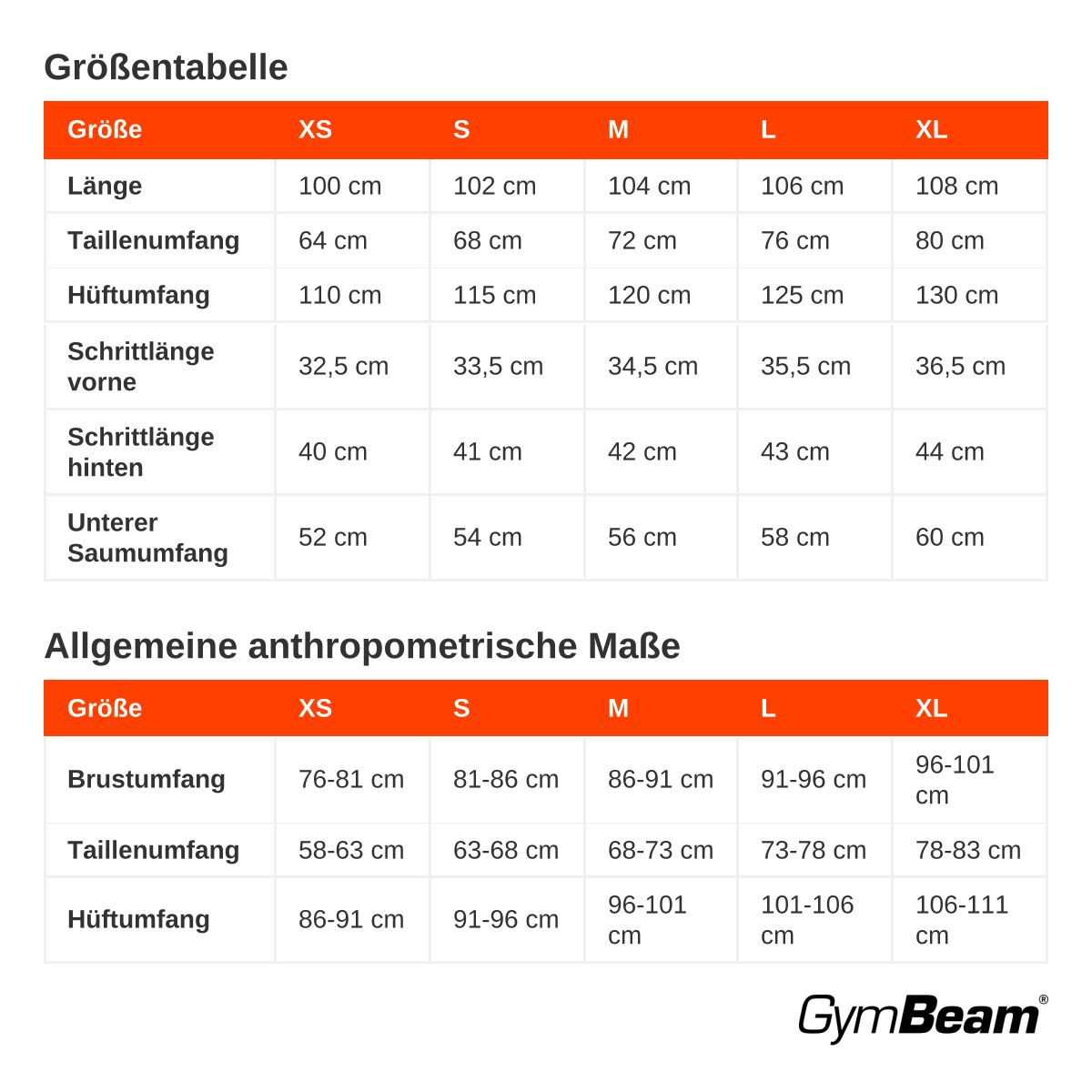 Größentabelle für Damen-Jogginghosen von GymBeam.