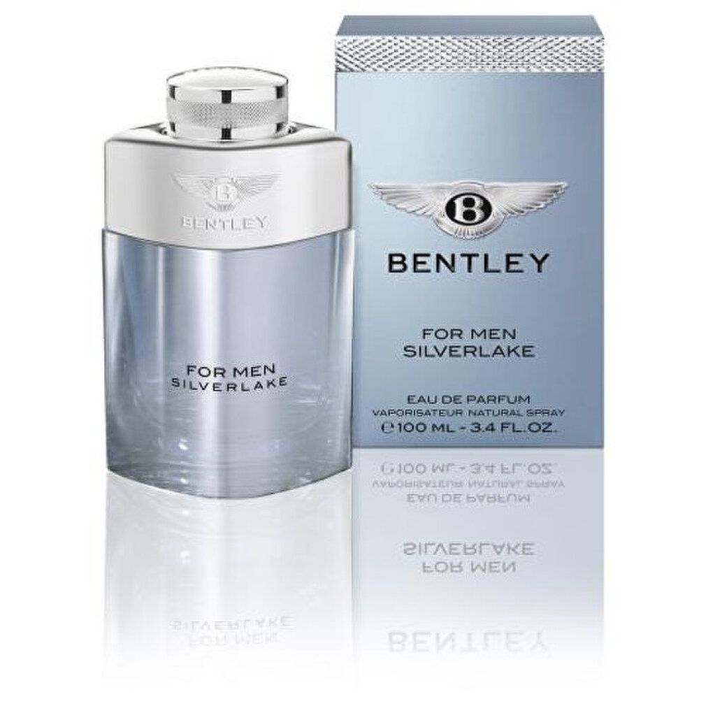 Bentley For Men Silverlake Eau de Parfum Spray. Flakon und Verpackung. Silberfarbener Flakon, blaue Verpackung mit Logo und Schriftzug.