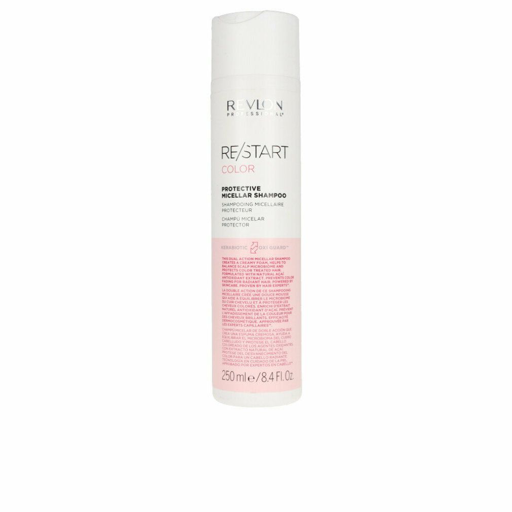 Weiß-rosa Flasche. Text: RE/START COLOR, PROTECTIVE MICELLAR SHAMPOO. 250 ml/8.4 FL.OZ. Mit Produktinformationen.