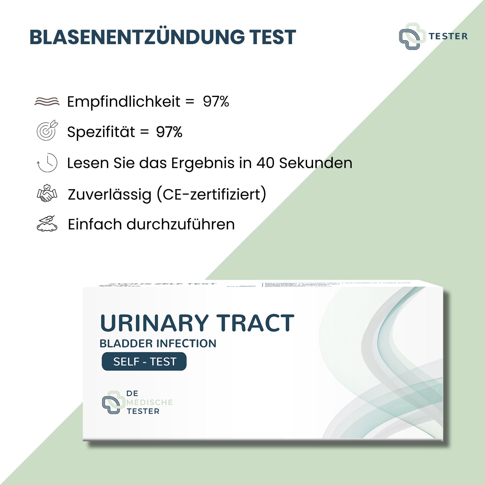 Infografik mit Text: Empfindlichkeit 97%, Spezifität 97%, Ergebnis in 40 Sekunden, zuverlässig (CE-zertifiziert), einfach durchzuführen. Produktverpackung.