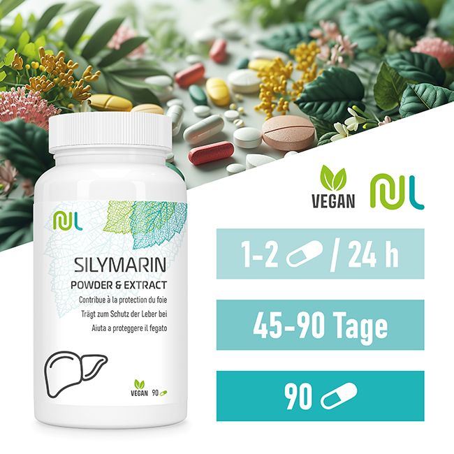 Weiße Flasche mit Kapseln. Aufschrift: Silymarin Powder & Extract. Vegan-Siegel. Dosierung: 1-2 Kapseln/Tag, 45-90 Tage.