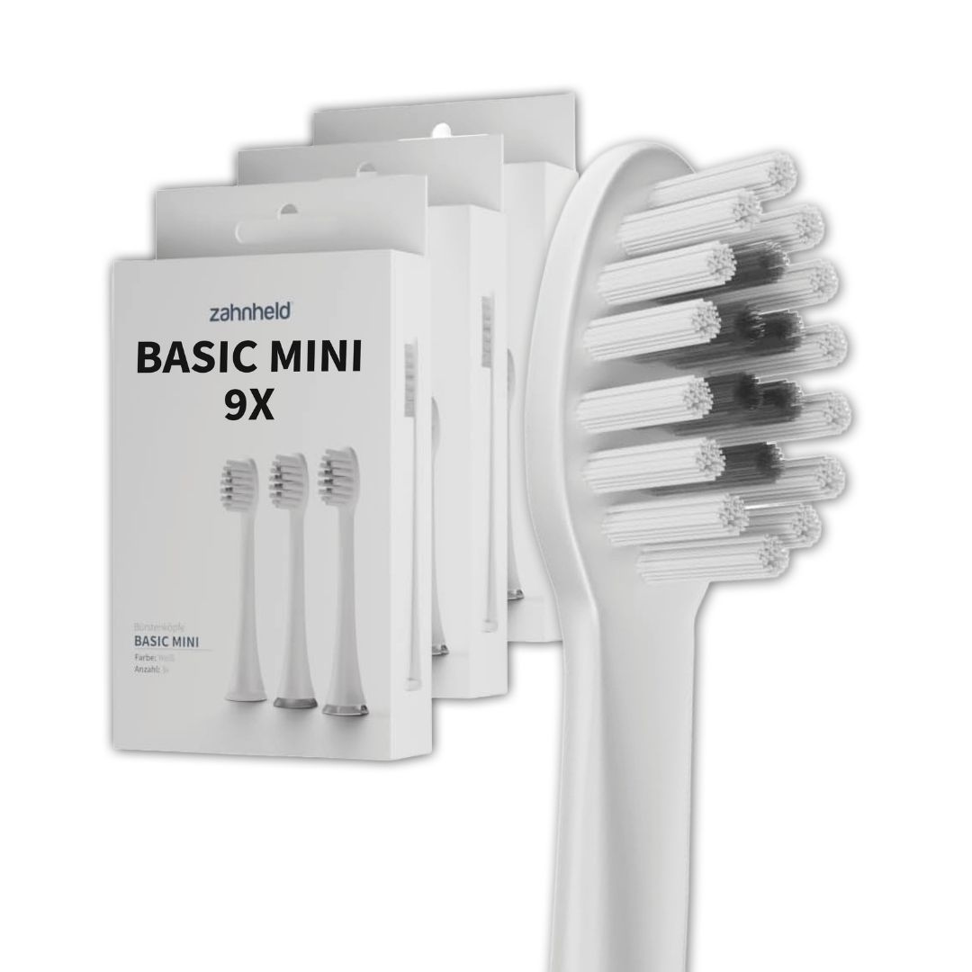 Zahnheld Basic Mini Bürstenköpfe (9 Stück) in weiß, schmale Wechselköpfe.