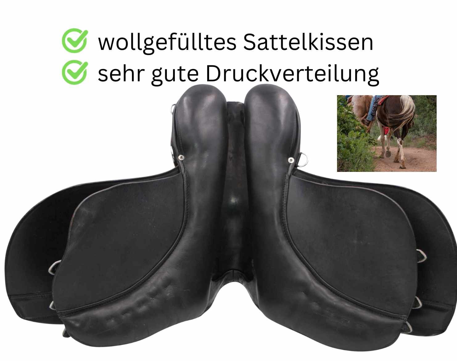 Sattel mit wollgefülltem Sattelkissen. Sehr gute Druckverteilung. Detailansicht.