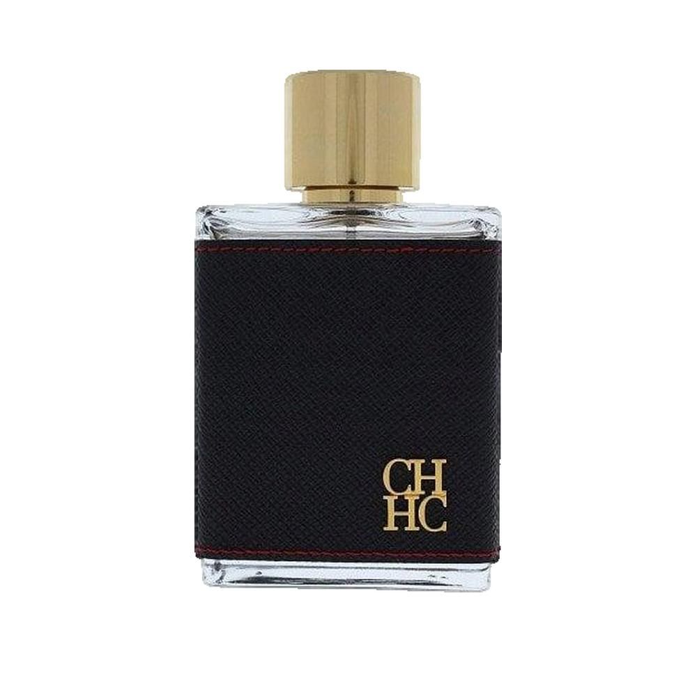 Rechteckiger Flakon mit schwarzem Lederbezug und goldfarbenem Verschluss. Aufschrift "CH HC" in Gold.