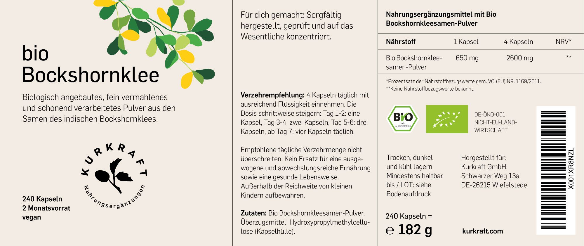 Etikett einer Bio Bockshornklee-Packung. Text, Logo, Nährwertangaben, Zertifizierung.