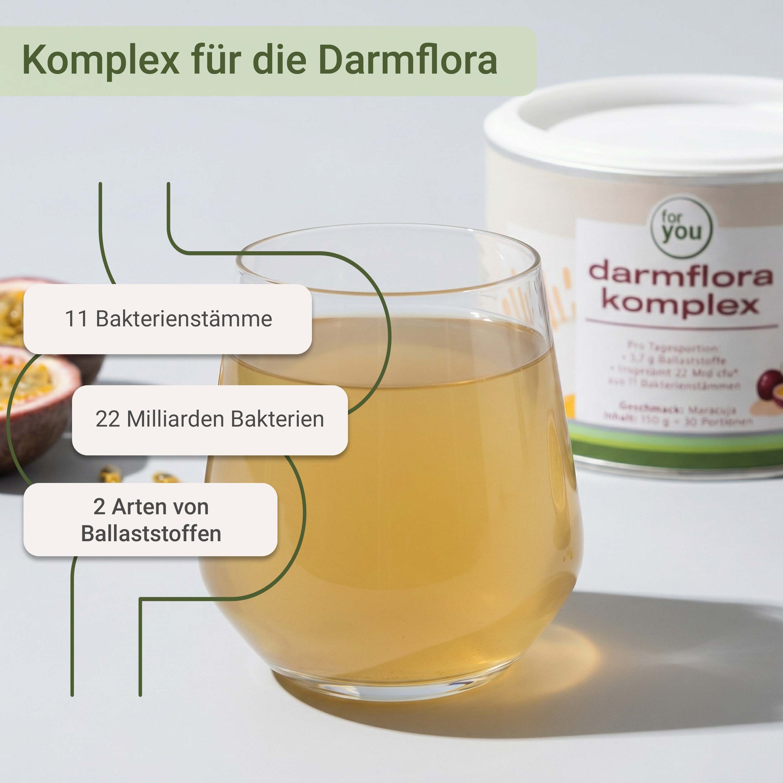Glas mit gelber Flüssigkeit, daneben Dose mit Produktaufschrift. Text: 11 Bakterienstämme, 22 Milliarden Bakterien, 2 Arten von Ballaststoffen.