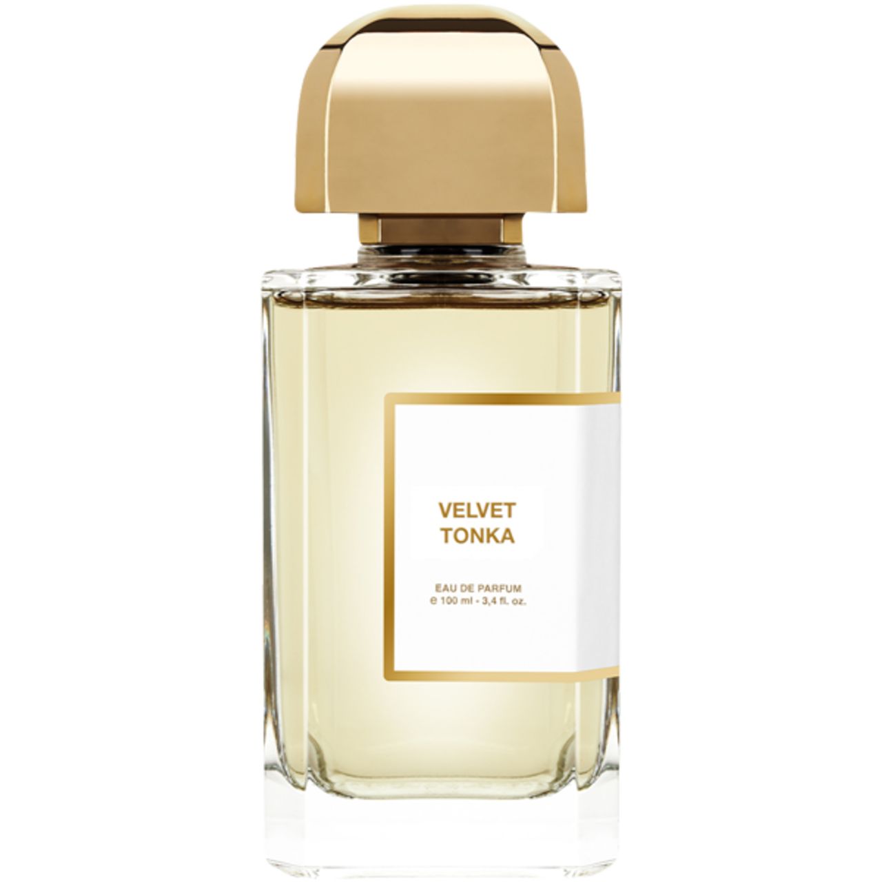 Parfümflakon mit goldfarbenem Verschluss. Auf weißem Etikett: Velvet Tonka, Eau de Parfum. Rechteckige Glasflasche mit goldfarbenem Rand.