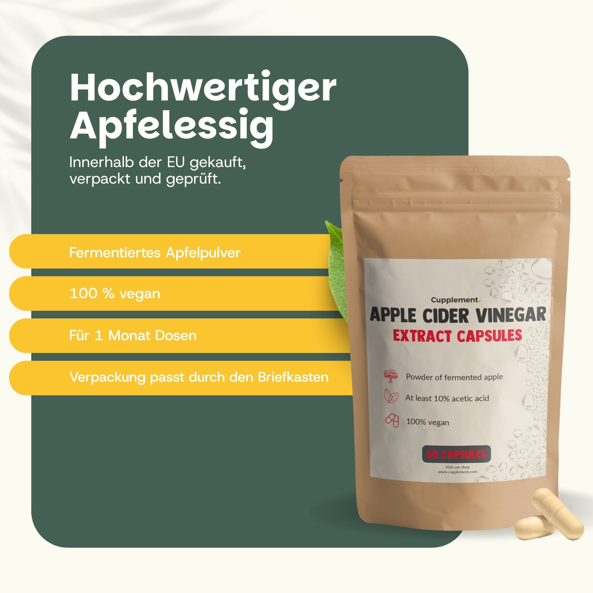 Beutel mit Kapseln. Text: Apple Cider Vinegar Extract Capsules. Fermentiertes Apfelpulver, 100% vegan.