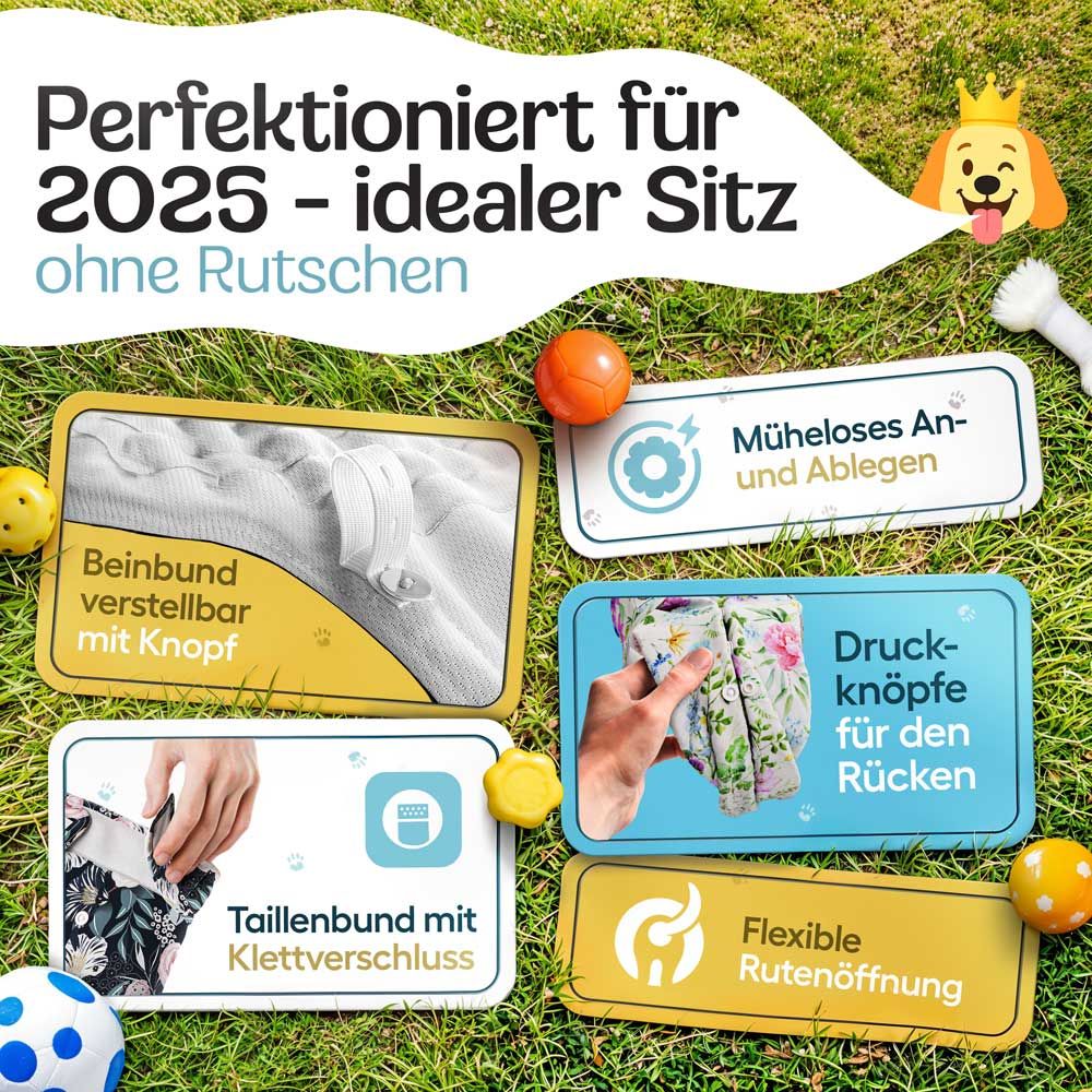 Windel-Merkmale: Beinbund mit Knopf, Taillenbund mit Klettverschluss, Druckknöpfe, flexible Rutenöffnung. Illustrationen.