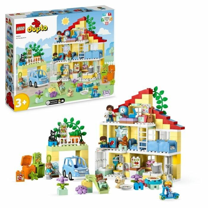 LEGO Duplo 3-in-1-Familienhaus. Gelbes Haus mit rotem Dach, Figuren, Auto, Rutsche und Zubehör. Verpackung links.