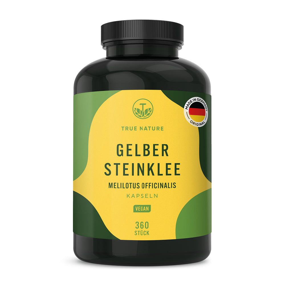 Schwarzer Behälter mit gelbem Etikett für TRUE NATURE Gelber Steinklee Kapseln, Made in Germany Siegel.