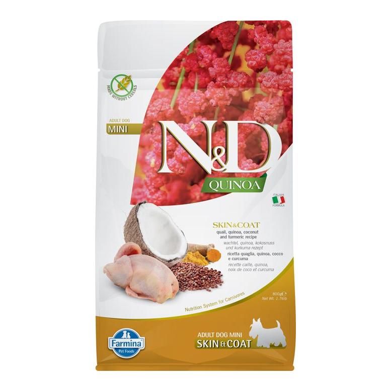 Hundefutterbeutel mit N&D Quinoa. Aufdruck: Skin & Coat, Mini, Wachtel, Kokosnuss, Quinoa. Farmina Logo.
