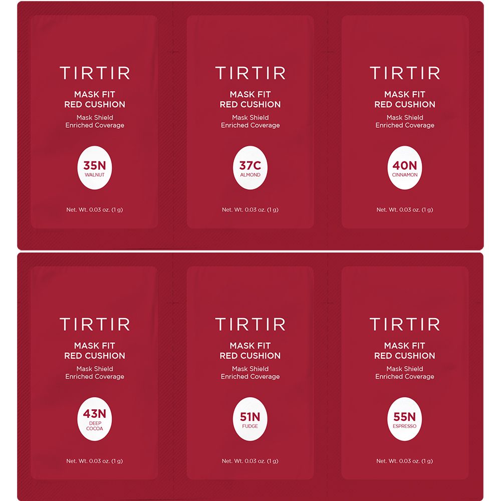 Sechs rote TIRTIR Mask Fit Red Cushion-Verpackungen. Auf jeder Packung steht eine Farbnummer: 35N, 37C, 40N, 43N, 51N, 55N. Mask Shield Enriched Coverage.