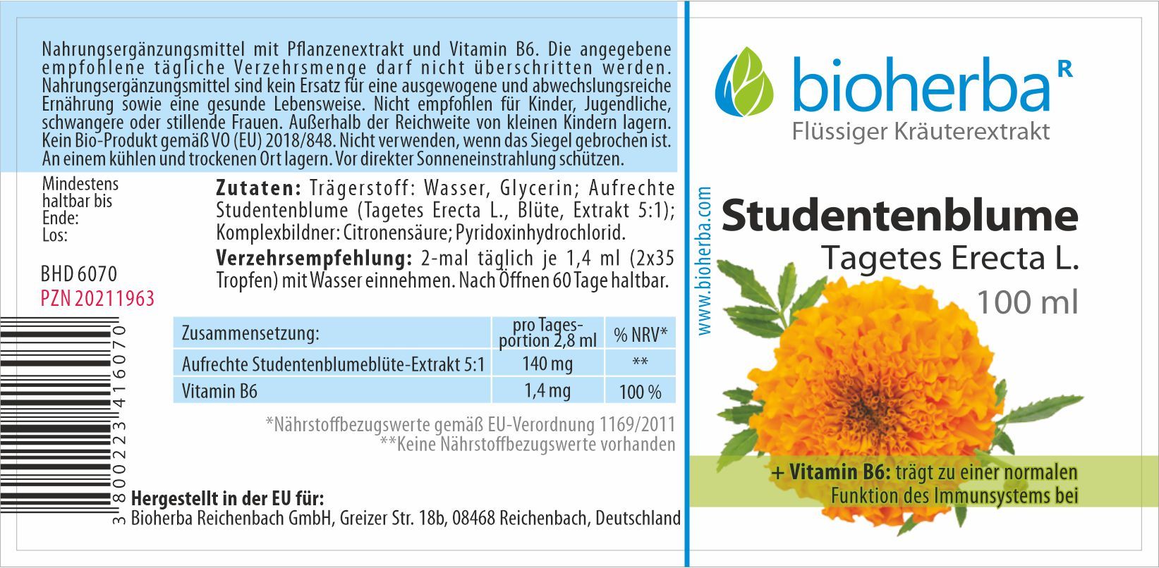Etikett mit Produktinformationen. Aufschrift: Bioherba Studentenblume Tagetes Erecta L. Tropfen. Enthält Vitamin B6. 100 ml.