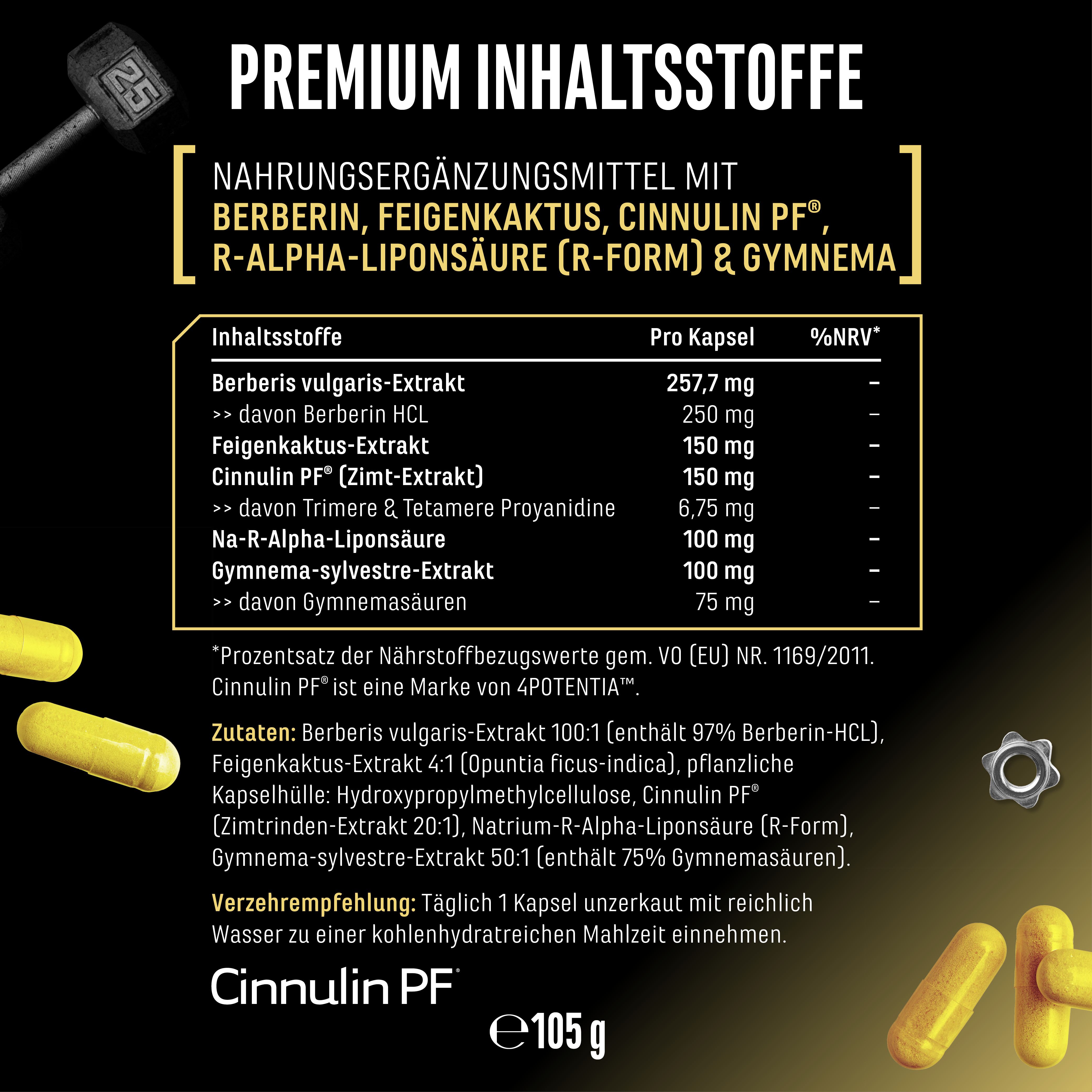 Nahrungsergänzungsmittel mit Berberin, Feigenkaktus, Cinnulin PF, R-Alpha-Liponsäure und Gymnema. Inhaltsstoffe pro Kapsel und %NRV-Werte.