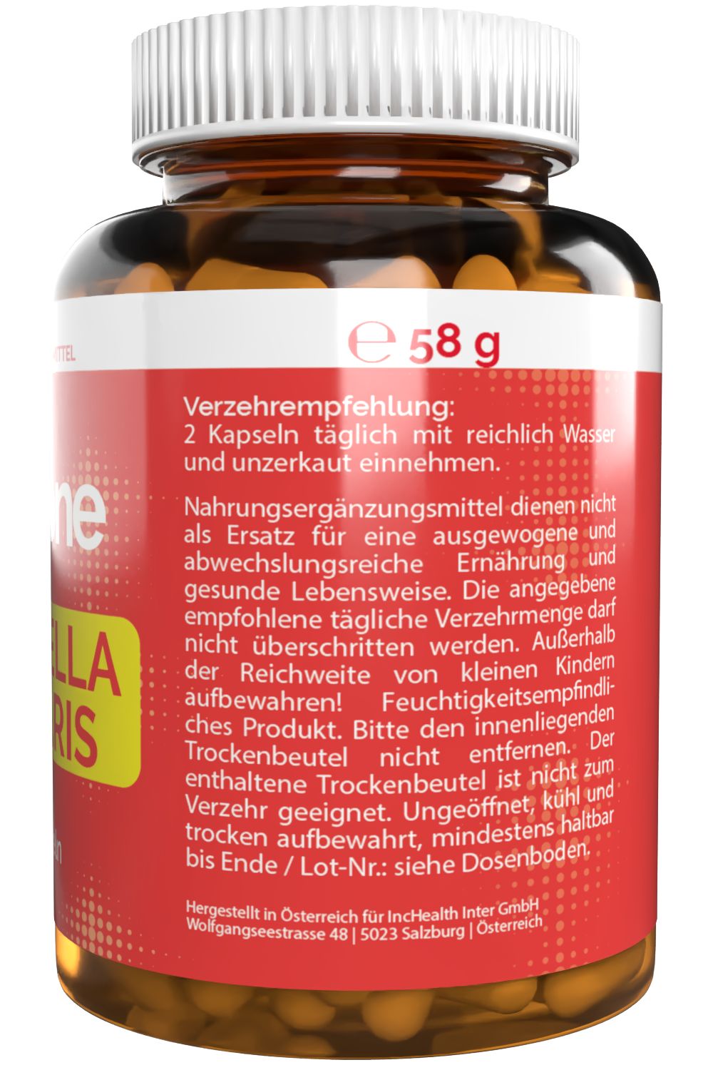Rückseite der Flasche mit Verzehrempfehlung und Nährwertangaben. Enthält "Welltone Chlorella Vulgaris" und ein Gewicht von 58g.