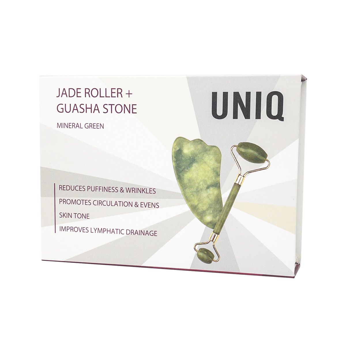 Verpackung für UNIQ Jade Roller + Guasha Stone in Mineralgrün. Enthält Produktabbildung und Anwendungsbereiche.