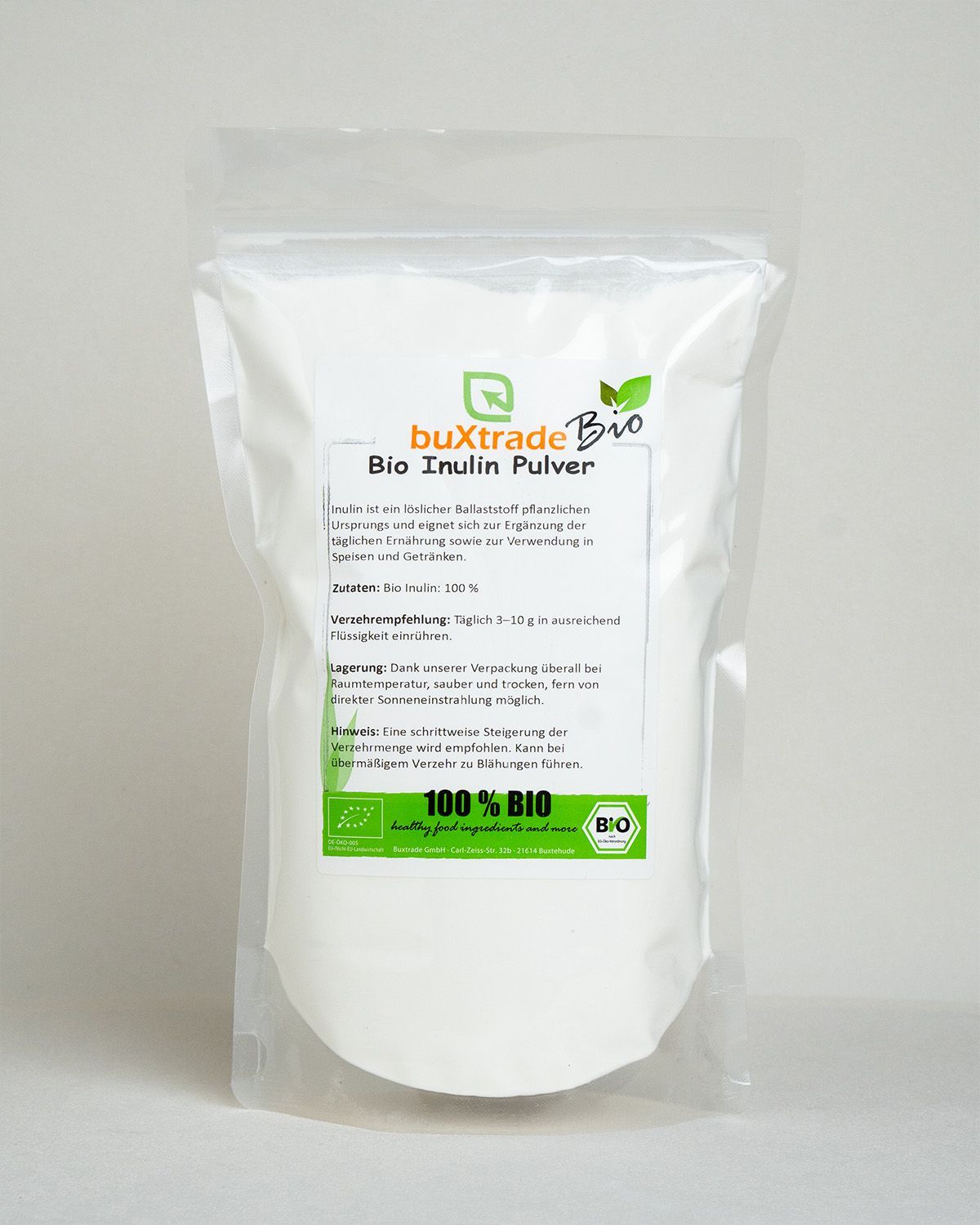Verpackung von buXtrade Bio Inulin Pulver, 100% BIO-zertifiziert.