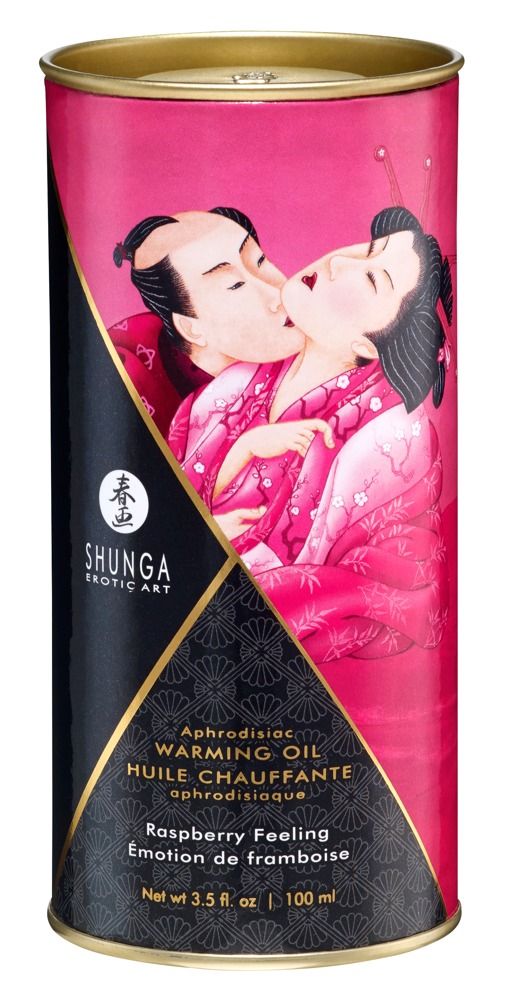 Zylindrische Dose mit rosa Massageöl. Aufschrift: Shunga, Himbeer-Aroma. Abbildung: küssendes Paar. Dose: schwarz-rosa.