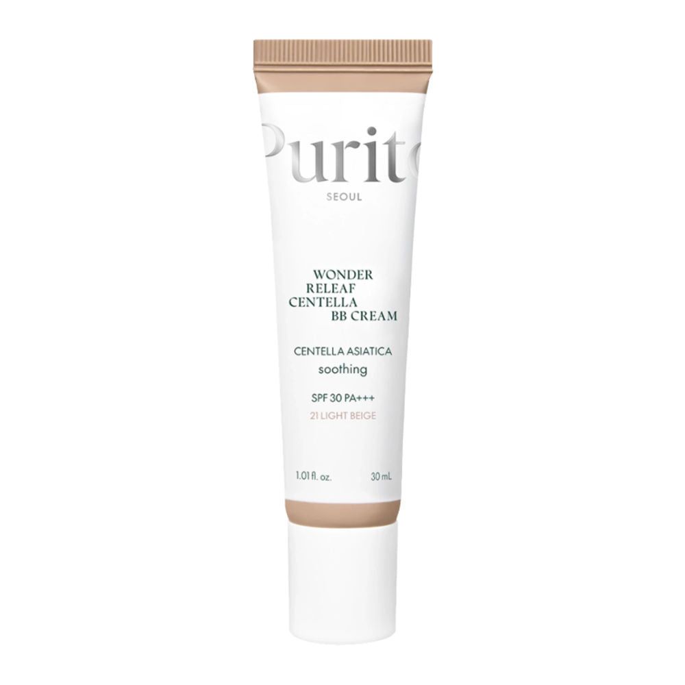 Tube mit BB Cream. Aufschrift: Wonder Releaf Centella BB Cream, #21 Light Beige, SPF 30 PA+++. Marke: Purito.