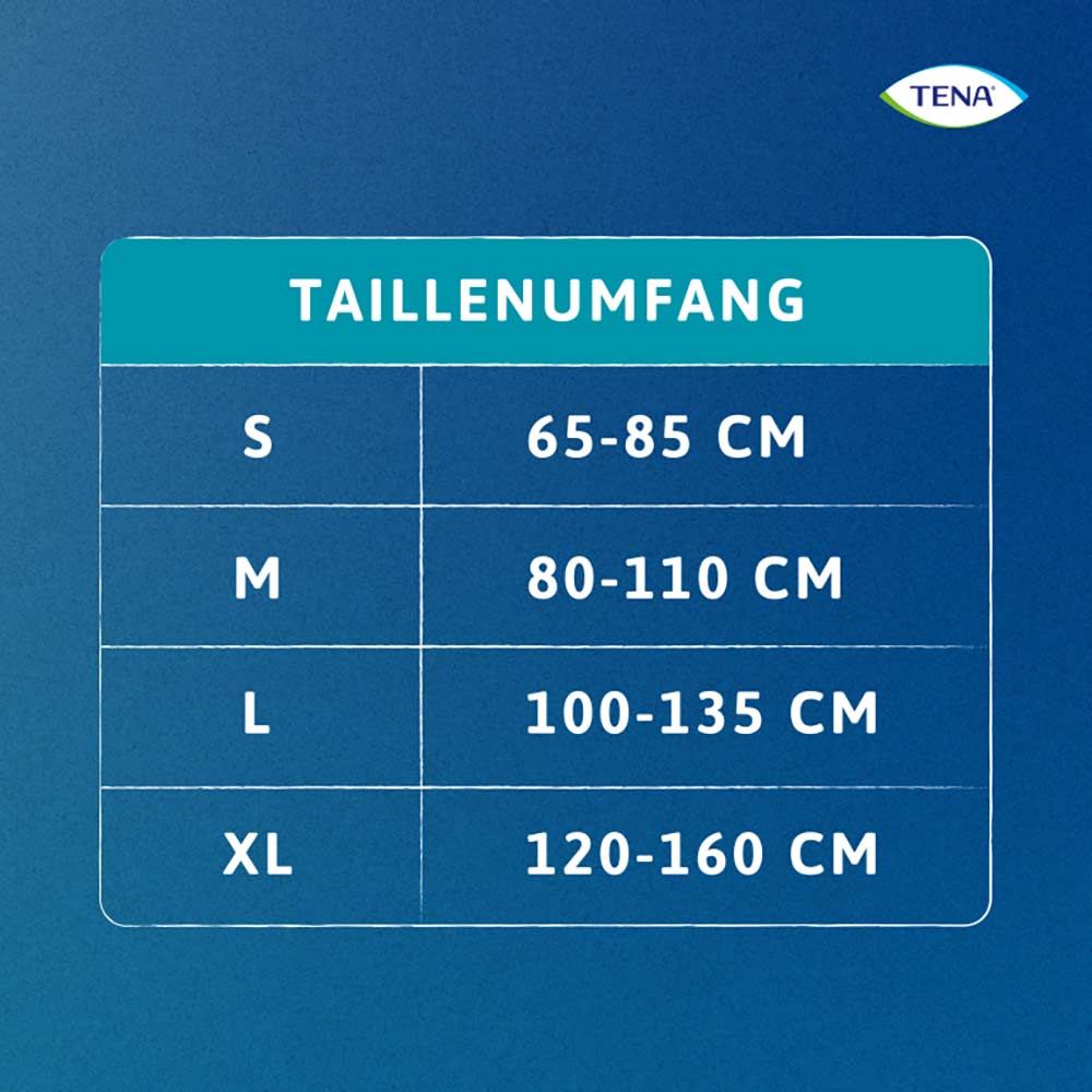 Tabelle mit Taillenumfang-Angaben für TENA ProSkin Pants. Größen S bis XL mit Zentimeter-Angaben.
