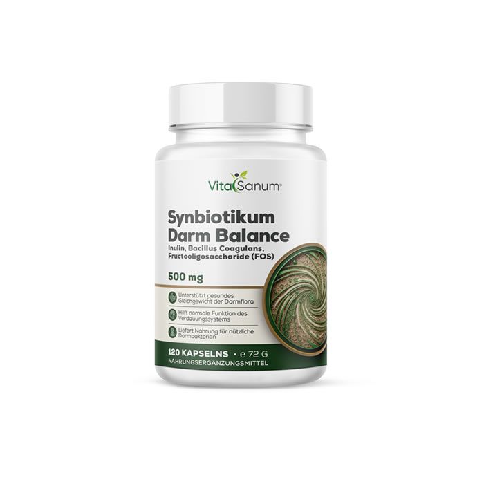 VitaSanum Synbiotikum Darm Balance Kapseln, 500 mg. Weißer Behälter mit Etikett, das Produktinformationen und ein spiralförmiges Design zeigt.