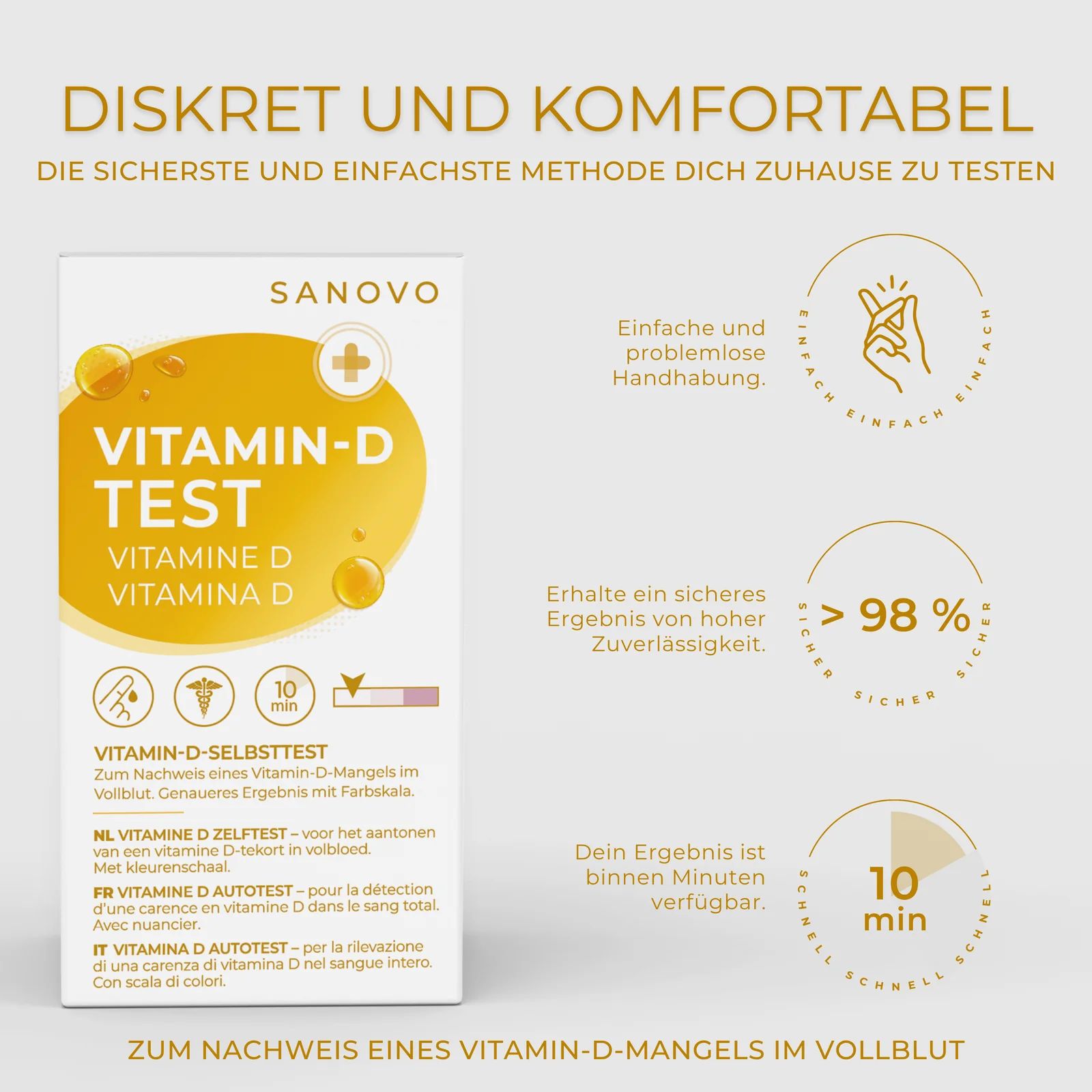 Vitamin-D-Testkit-Verpackung mit Produktinformationen und Anwendungshinweisen.