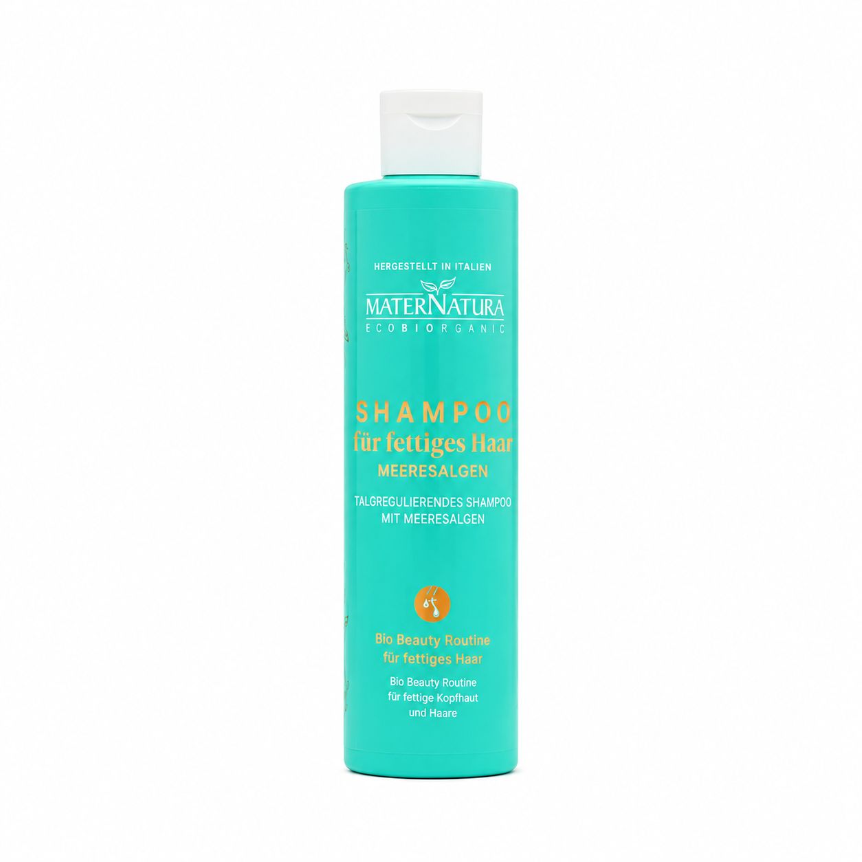 Türkise Shampoo-Flasche mit weißem Verschluss, auf weißem Hintergrund.