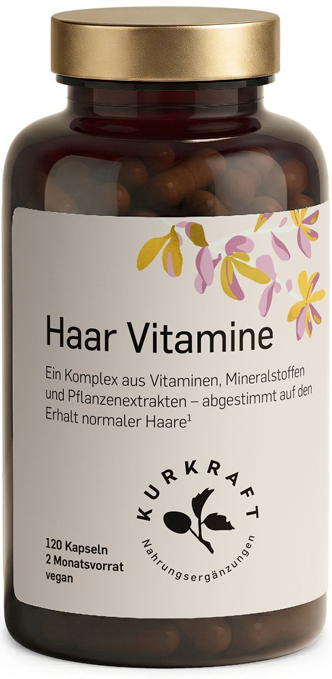 Braune Glasflasche mit Kapseln. Text: Haar Vitamine, 120 Kapseln, 2 Monatsvorrat, vegan. Logo: Kurkraft.