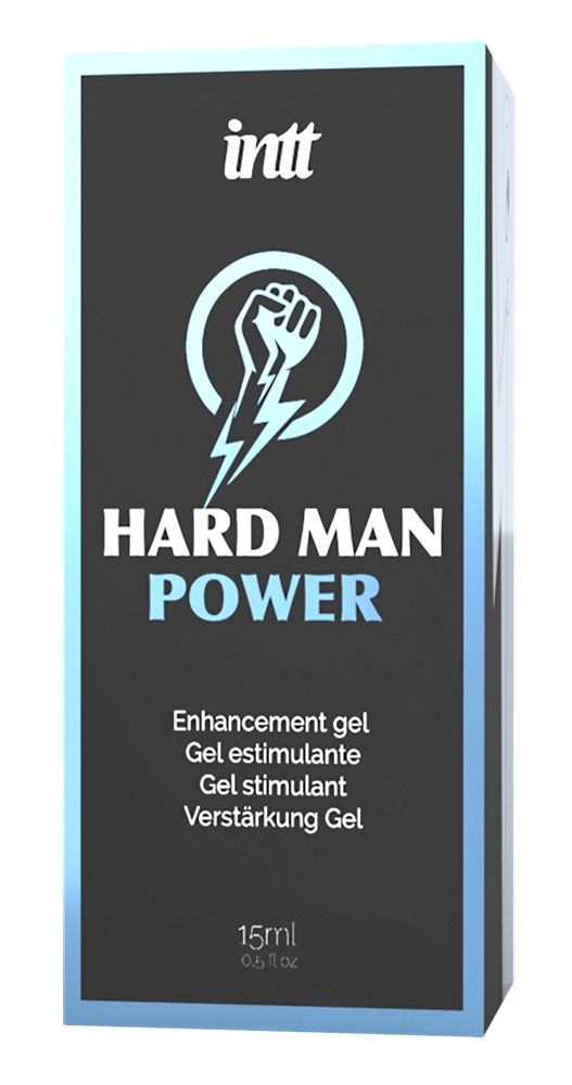 Verpackung für 'Hard Man Power' Enhancement Gel mit Faust-Symbol.