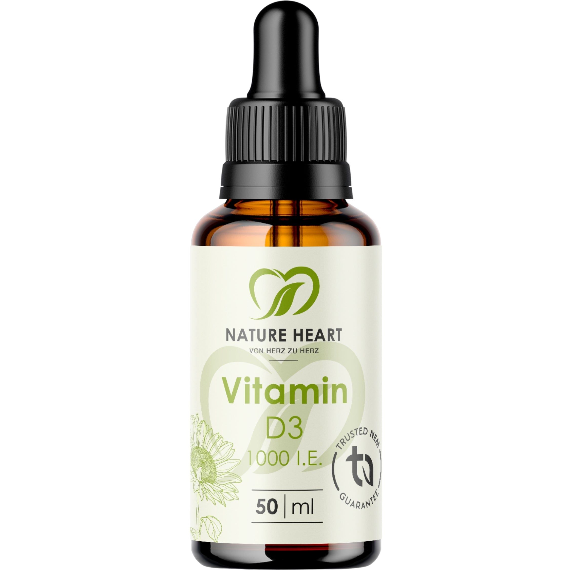 Nature Heart Vitamin D3 Tropfen in Braunglasflasche mit Pipette, 50 ml.