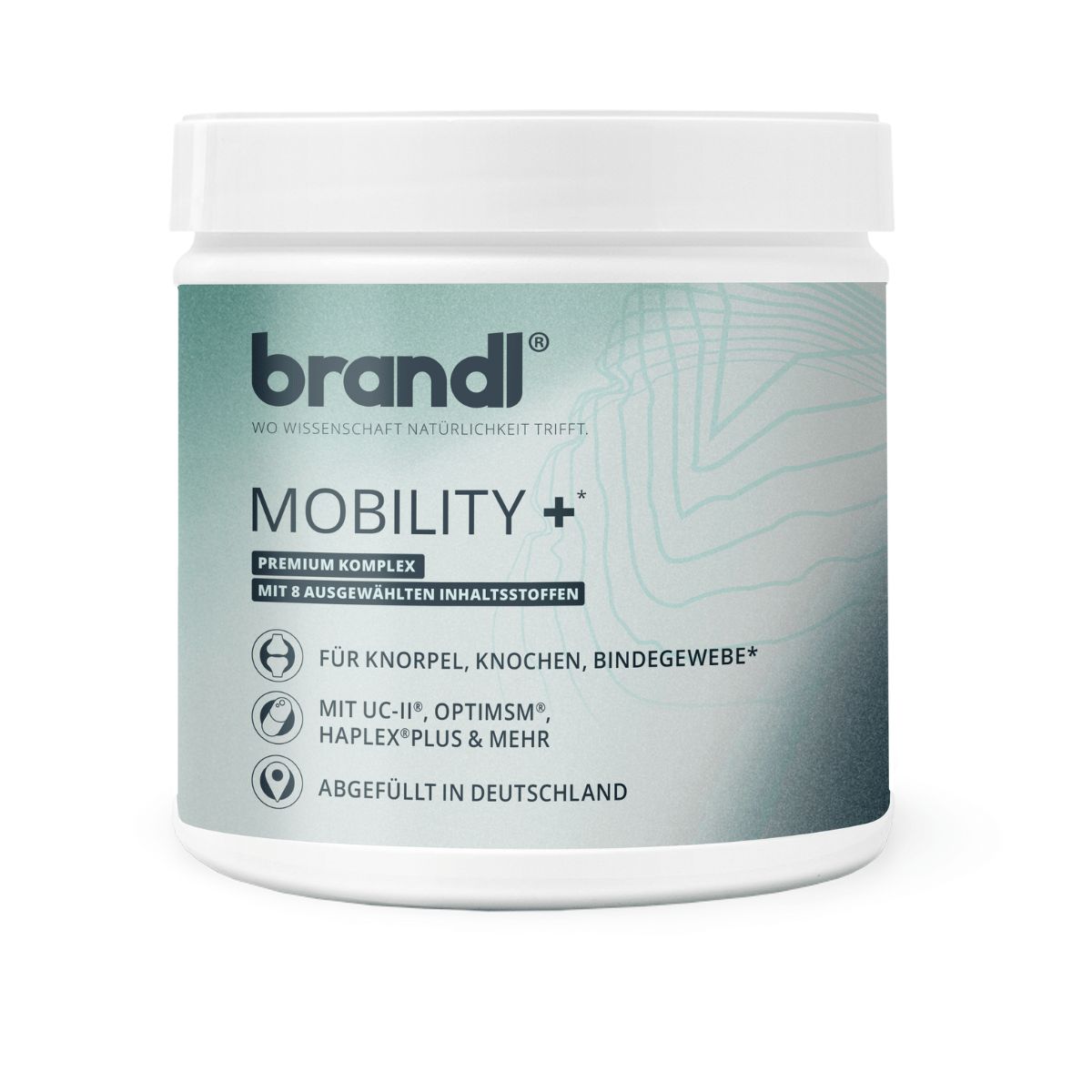 Behälter brandl® Mobility+. Text: Premium Komplex, mit 8 ausgewählten Inhaltsstoffen. Für Knorpel, Knochen, Bindegewebe. Abgefüllt in Deutschland.
