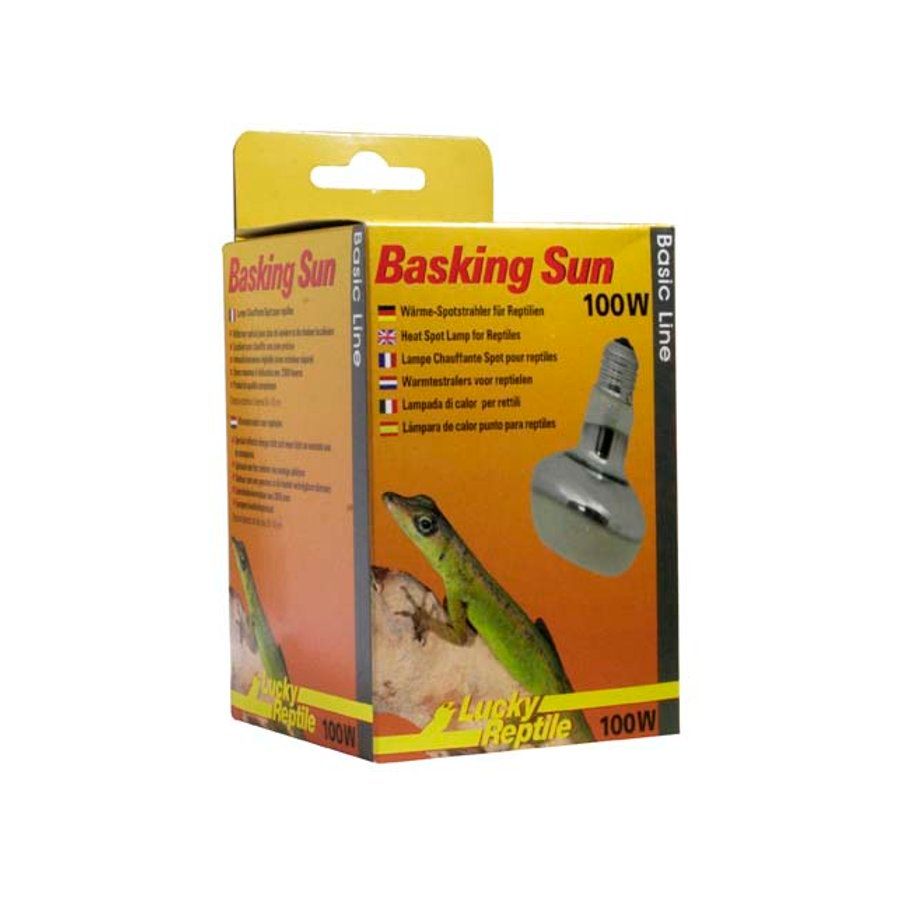 Verpackung der Lucky Reptile Basking Sun 100W. Aufdrucke: Wärme-Spotstrahler für Reptilien, Basic Line. Abbildung einer Reptilienlampe und eines Leguans.