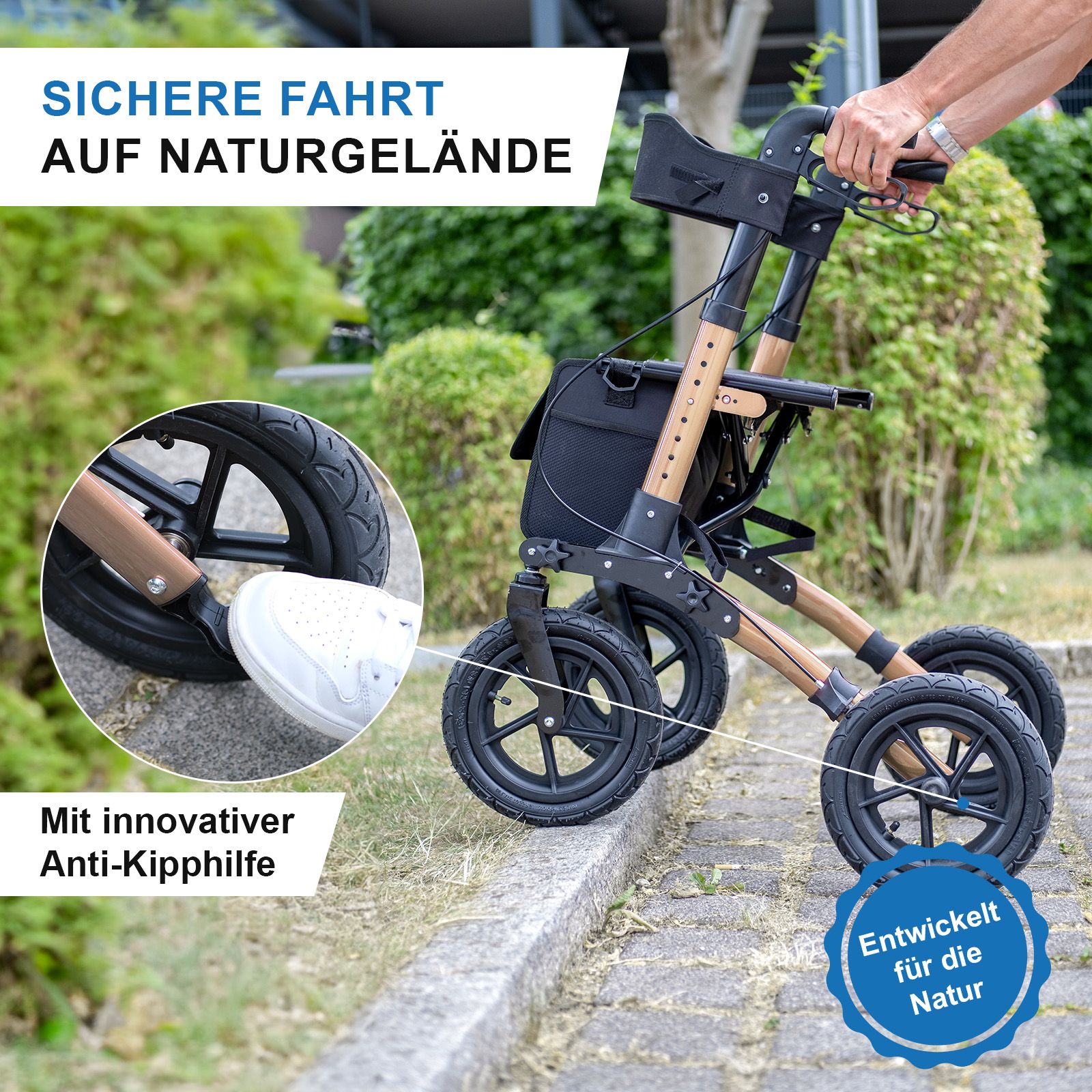 Rollator mit vier Rädern auf Naturweg. Person benutzt Anti-Kipphilfe. Text: "SICHERE FAHRT AUF NATURGELÄNDE".