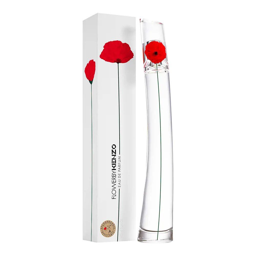 Parfümflakon und Verpackung. Flakon mit roter Blume. Verpackung mit roter Blume und Schriftzug.