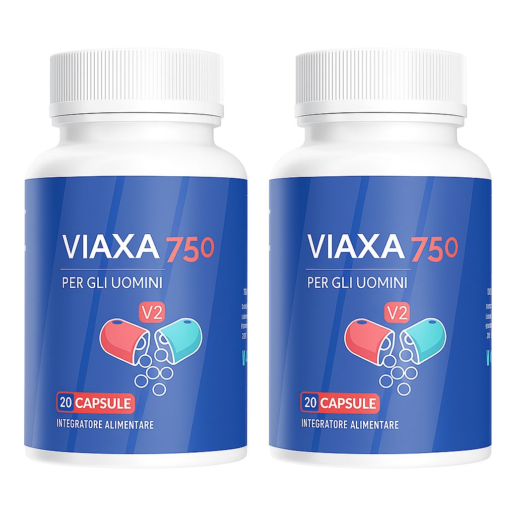 Zwei weiße Flaschen mit blauen Etiketten. Aufschrift: VIAXA 750, PER GLI UOMINI, V2, 20 CAPSULE. Geöffnete Kapsel-Grafik.