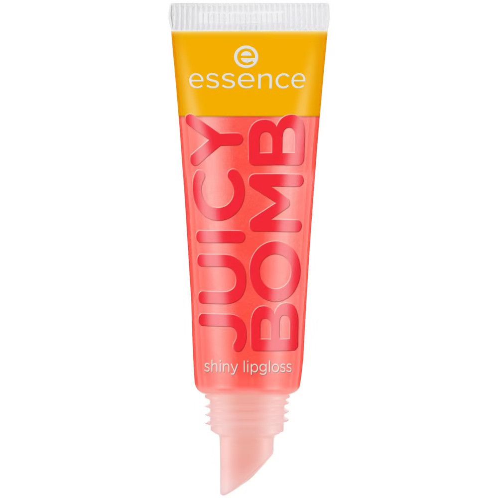 Glänzendes Lipgloss Juicy Bomb in einer Tube. Marke Essence. Rosa Farbton. Aufschrift Juicy Bomb und shiny lipgloss.