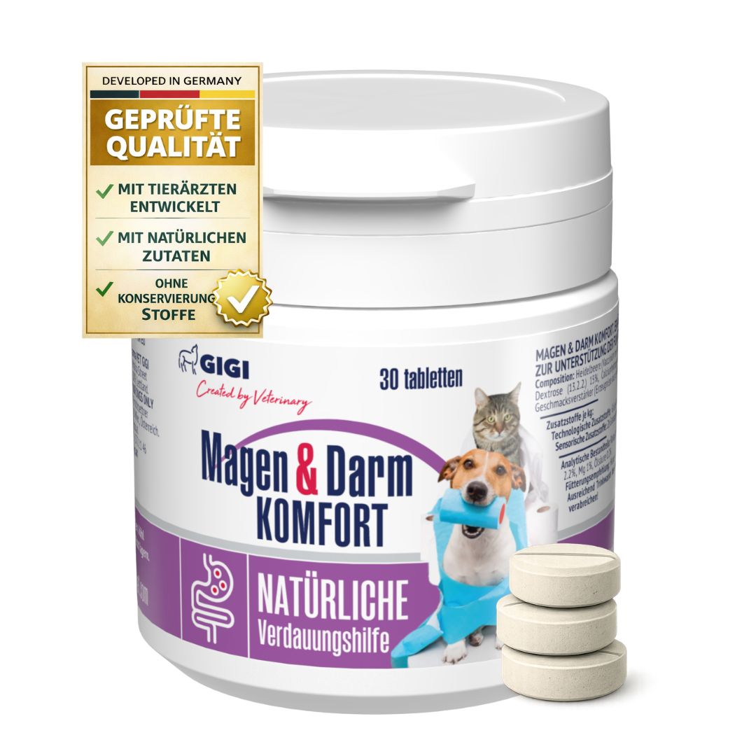 Flasche GIGI VET Magen & Darm Komfort mit Tabletten. Text: 30 Tabletten. Geprüfte Qualität. Natürliche Zutaten. GIGI Logo.