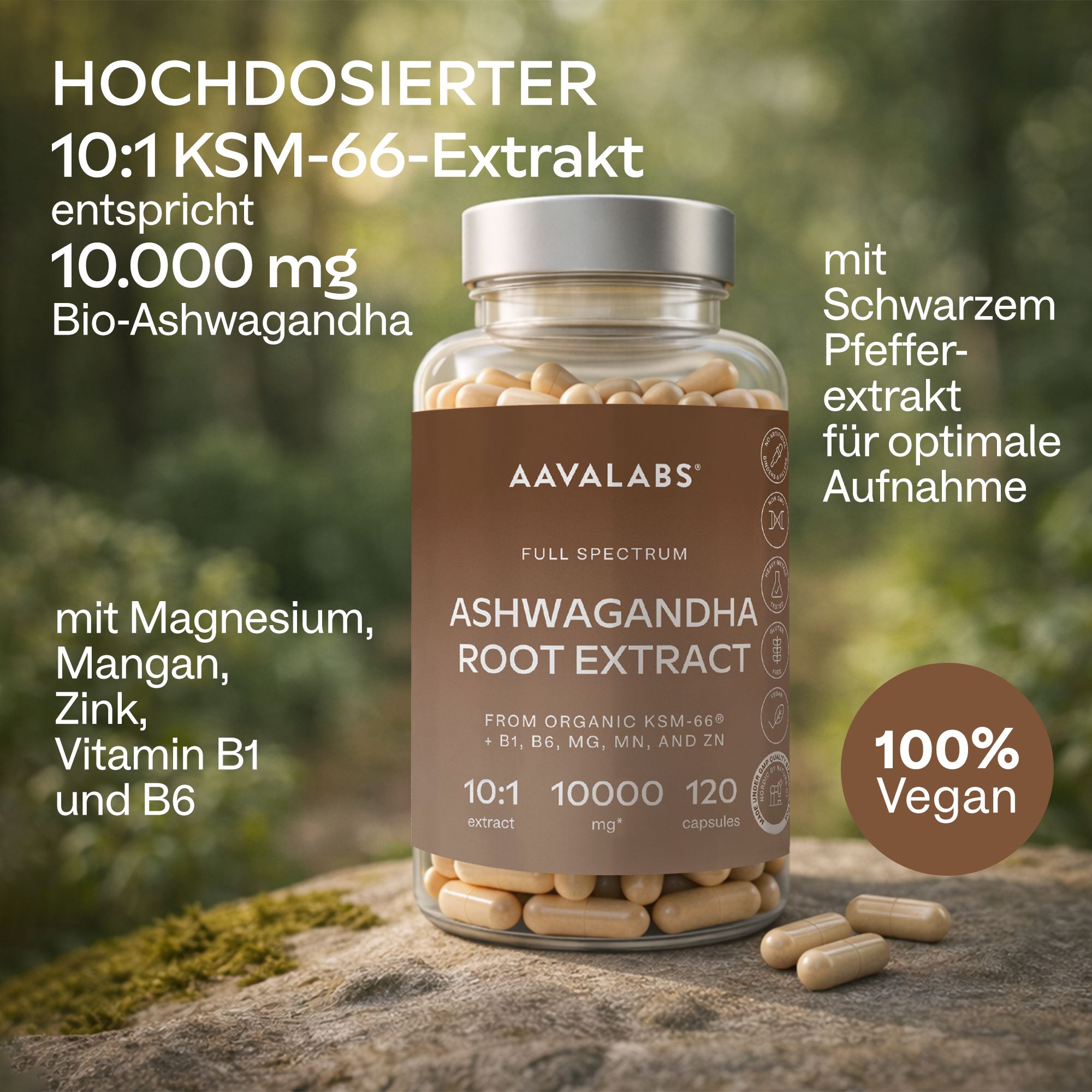 Aavalabs Ashwagandha KSM 66 Flasche mit Text über hohe Dosierung und Inhaltsstoffe.