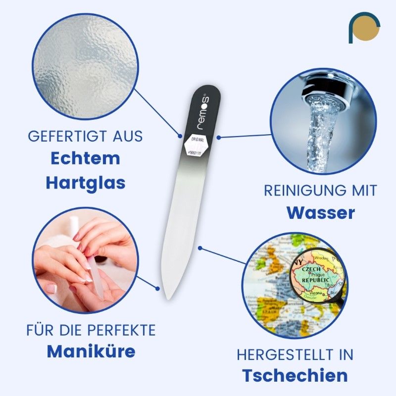 Glasnagelfeile, beidseitig, mit schwarzem Griff, Marke remos. Text: Gefertigt aus Echtglas. Reinigung mit Wasser.