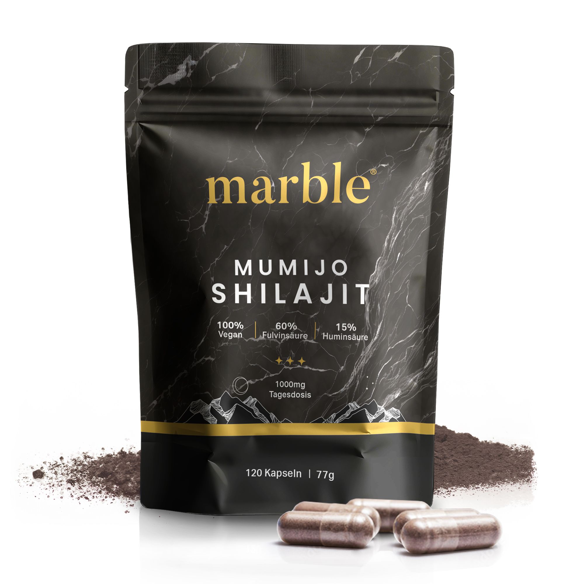 Schwarze Verpackung mit goldener Schrift. Enthält Kapseln und Pulver. Aufschrift: marble, Mumijo Shilajit, 120 Kapseln.