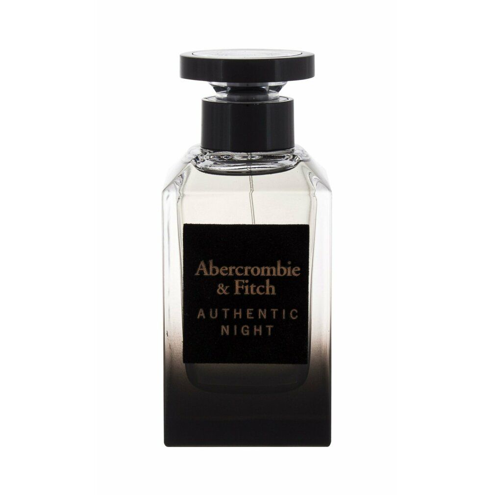 Glasflakon mit schwarzem Verschluss und Etikett. Text: Abercrombie & Fitch AUTHENTIC NIGHT. Farbverlauf von klar zu dunkel.