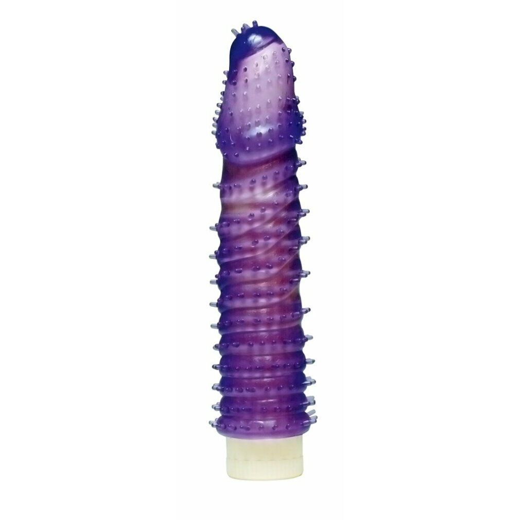 Penishülle mit Noppen. Lila Hülle mit Noppen, auf einem weißen Sockel. Zylindrische Form mit erhabenen Strukturen.