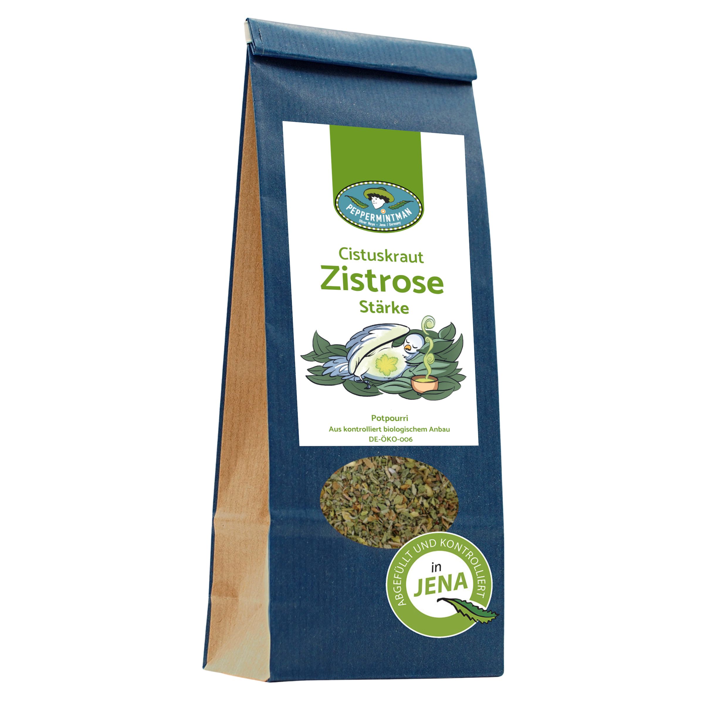 Beutel mit PEPPERMINTMAN Zistrose. Blau-braune Verpackung mit Sichtfenster. Aufschrift: Zistrose, Stärke. Logo und Siegel.
