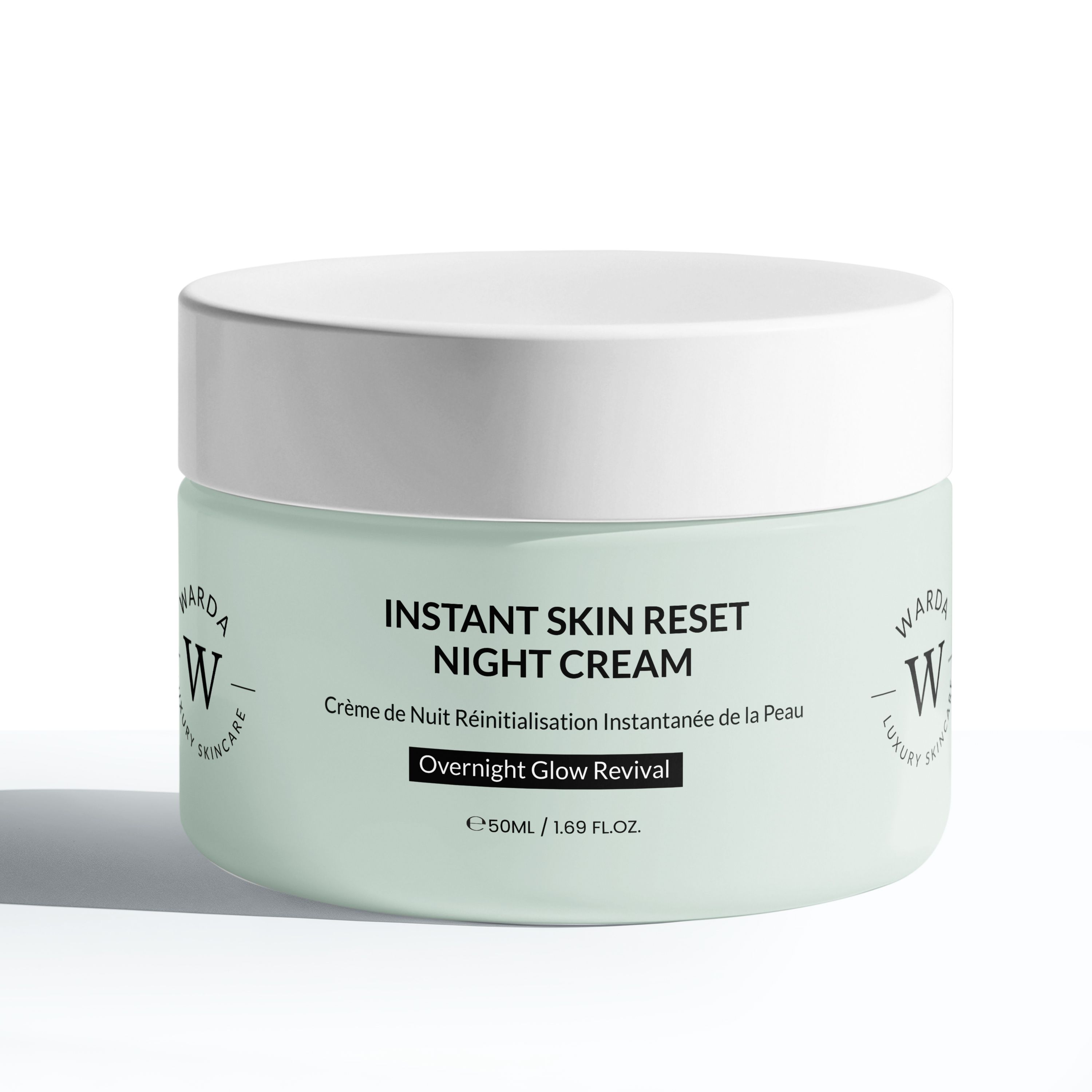 Creme-Tiegel mit weißem Deckel. Aufschrift: Instant Skin Reset Night Cream. Marke: Warda Luxury Skincare. Text in Französisch und englisch.