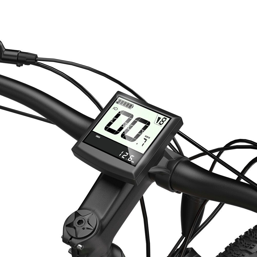 Nahaufnahme des Fahrradlenkers mit Digitalanzeige. Zeigt Geschwindigkeit und Batteriestatus.